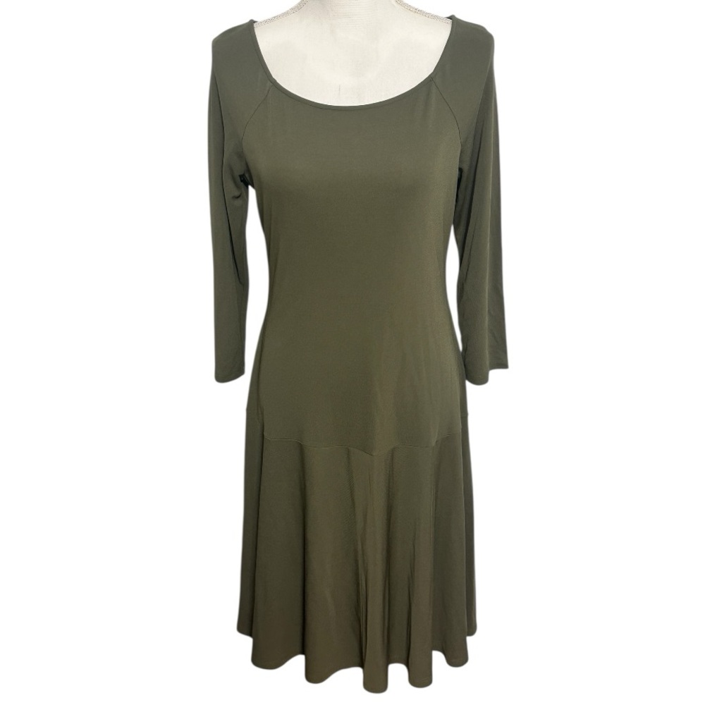 Lauren Ralph Lauren Olive Green 3/4 Sleeve A-Line Midi Dress NWOT
